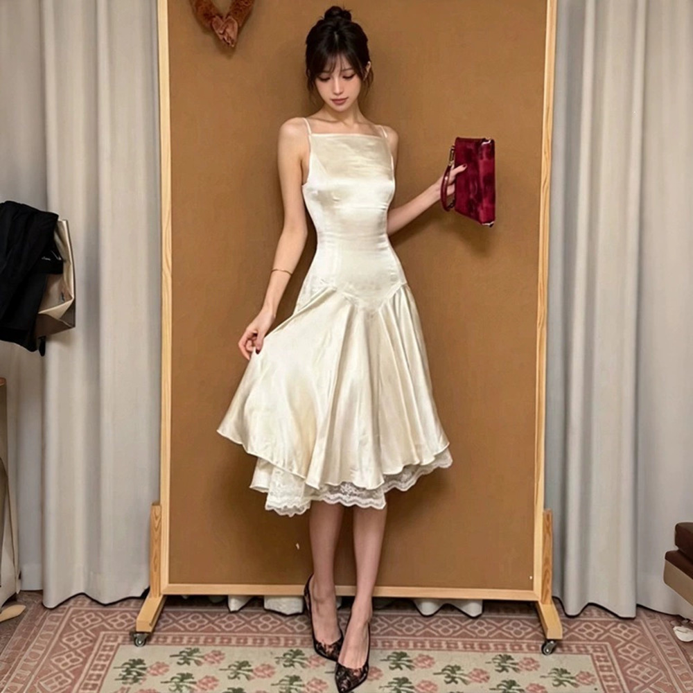 Zara Summer Spaghetti Strap Dress Solid Color Midi Lace Lining - Picture 3 of 6